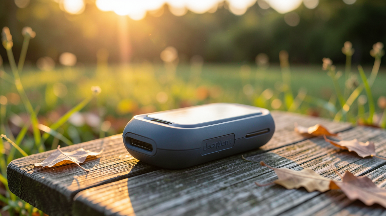 chargeur solaire portable Decathlon parmi les meilleurs modèles 2024, posé sur une table en bois en extérieur