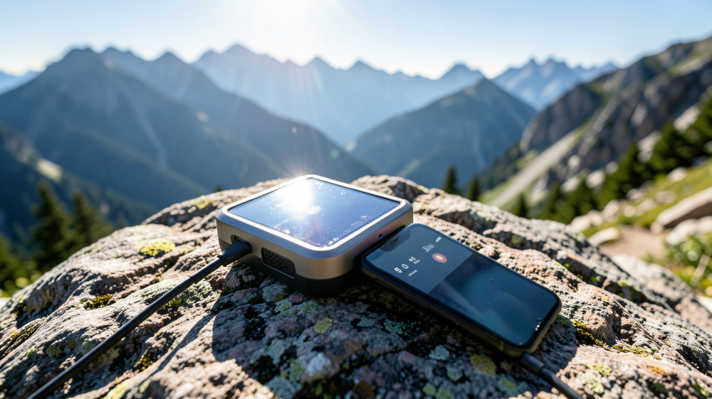 chargeur solaire portable utilisé en plein air lors d'une randonnée en montagne