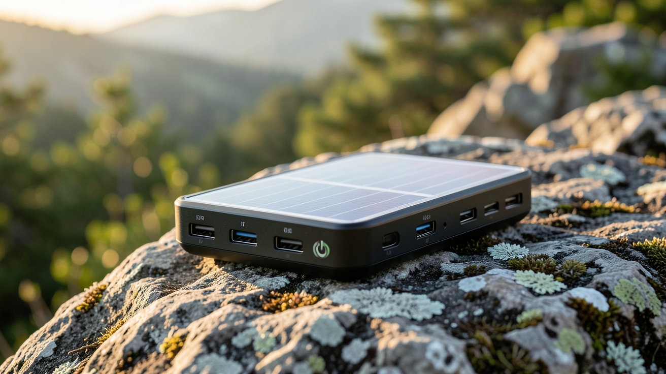 chargeur solaire portable randonnée montrant les panneaux photovoltaïques et les ports USB sur un fond de montagne