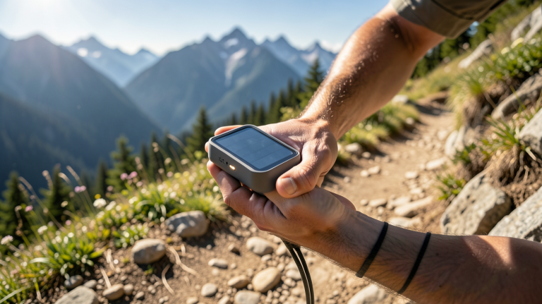chargeur solaire portable randonnée utilisé par un randonneur sur un sentier de montagne ensoleillé