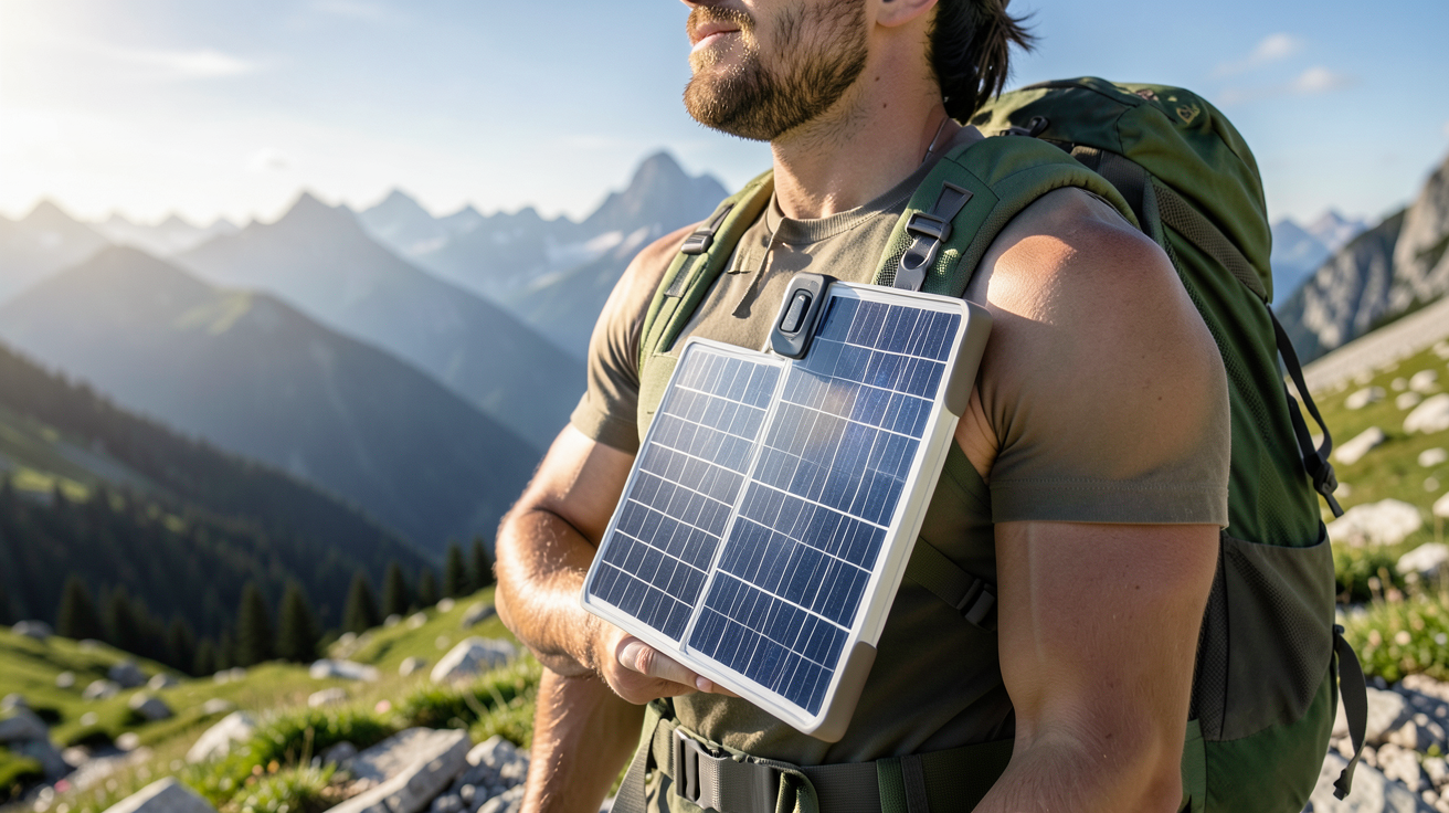 chargeur solaire portable randonnée posé sur un sac à dos en montagne sous un ciel ensoleillé