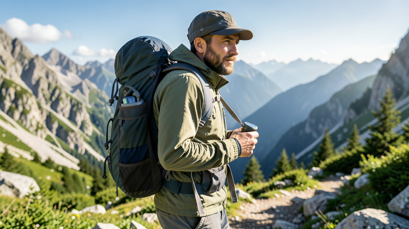 chargeur solaire portable randonnée utilisé par un randonneur en montagne