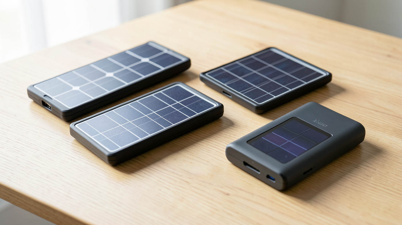 chargeur solaire pour portable montrant différents modèles de chargeurs solaires sur une table en bois