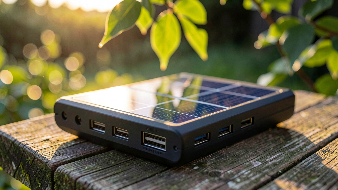 chargeur solaire portable posé sur une table en bois extérieur avec des panneaux photovoltaïques visibles