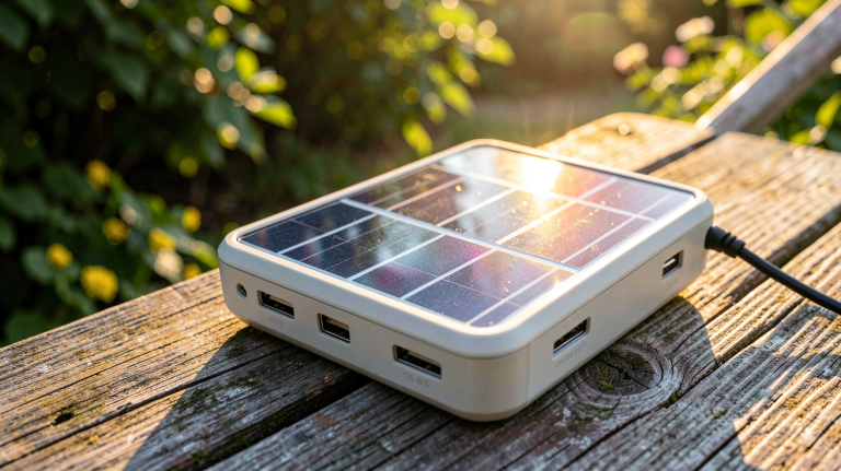 chargeur solaire portable posé sur une table en bois extérieur avec une lumière naturelle dorée