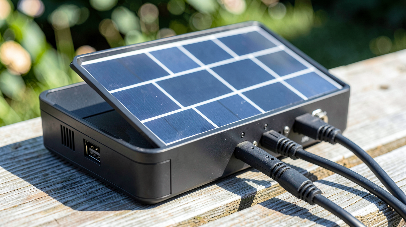 chargeur solaire portable posé sur une surface en bois clair avec des panneaux solaires exposés à la lumière du soleil