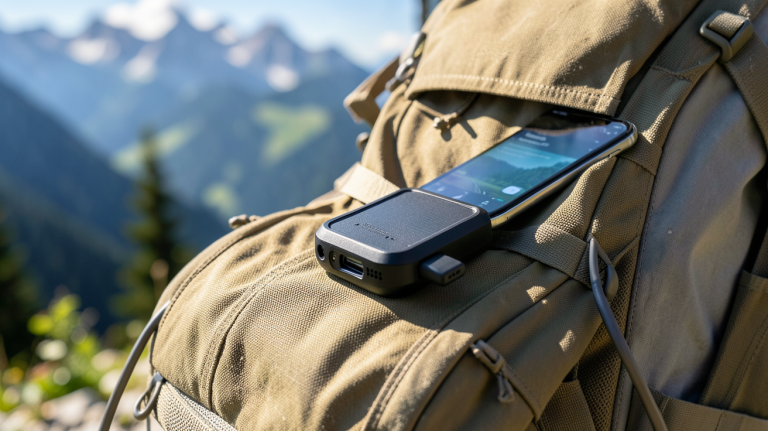 chargeur solaire portatif utilisé pour recharger un téléphone en pleine nature lors d'une randonnée