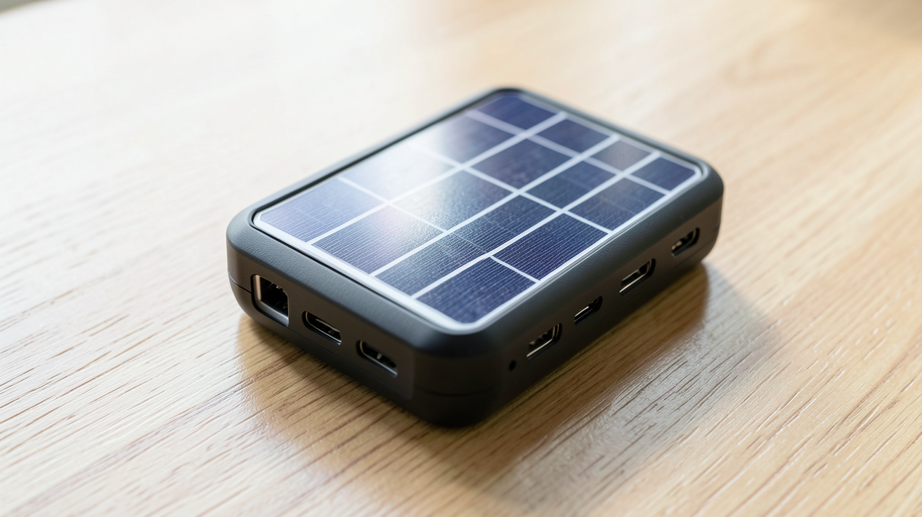 chargeur solaire portatif compact posé sur une surface en bois clair avec détails des cellules photovoltaïques