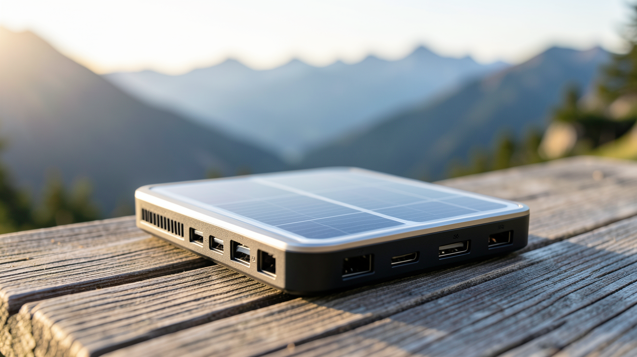 chargeur solaire portatif posé sur une table en bois en plein air, utilisé pour recharger un smartphone