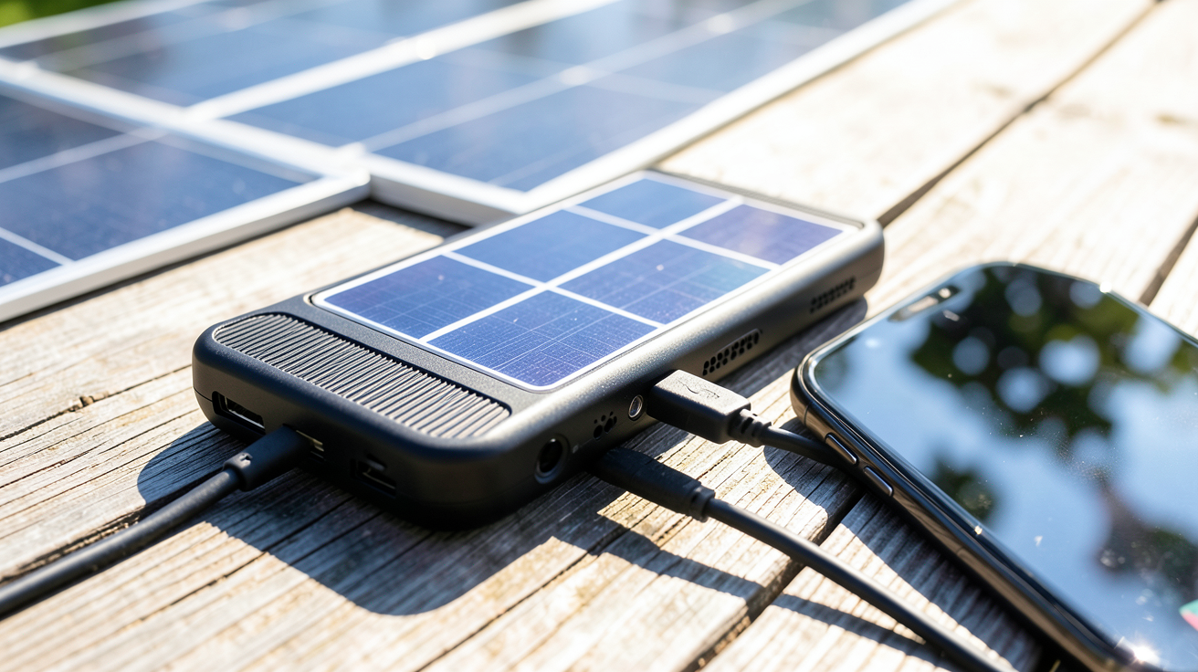 chargeur solaire pour portable en fonctionnement avec panneaux solaires et smartphone en charge