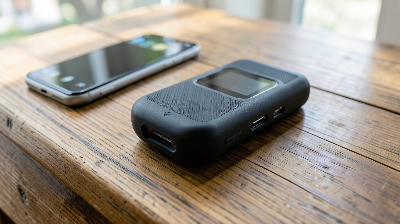 chargeur solaire pour portable posé sur une table en bois avec un smartphone en charge