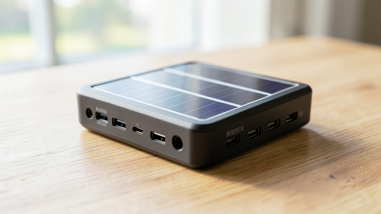 chargeur solaire pour téléphone posé sur une surface en bois clair, exposant ses cellules photovoltaïques et ses ports de charge