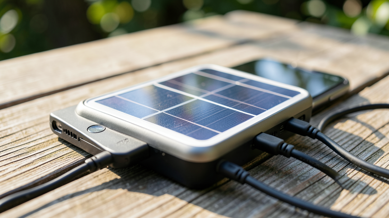 chargeur solaire pour téléphone posé sur une table en bois extérieur avec un smartphone connecté