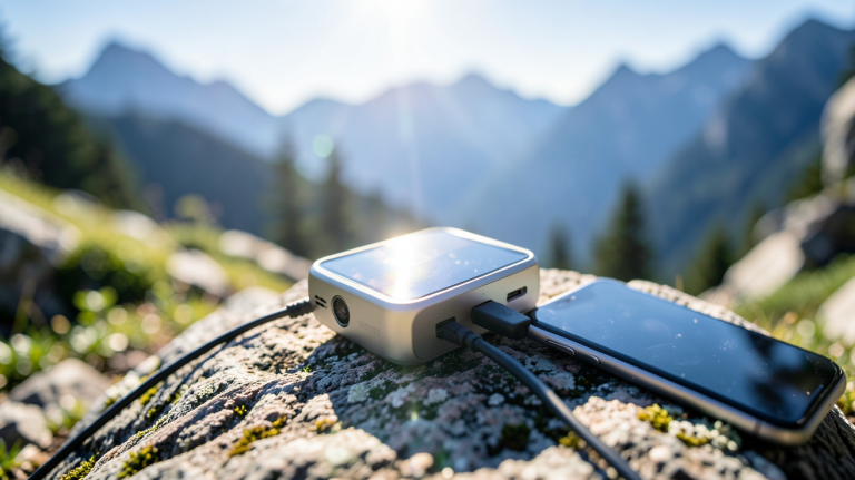 chargeur solaire pour téléphone portable rechargant un smartphone en extérieur sous le soleil