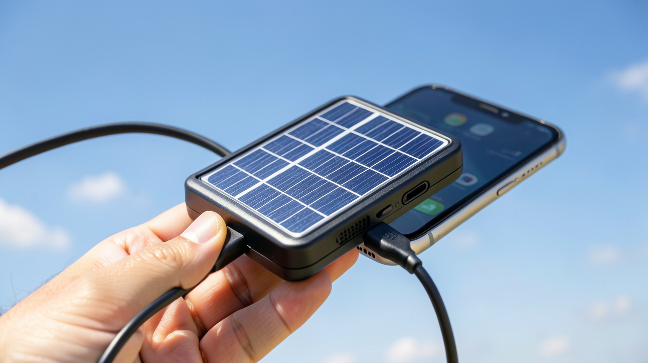 chargeur solaire pour téléphone portable en train de recharger un smartphone sous un ciel dégagé