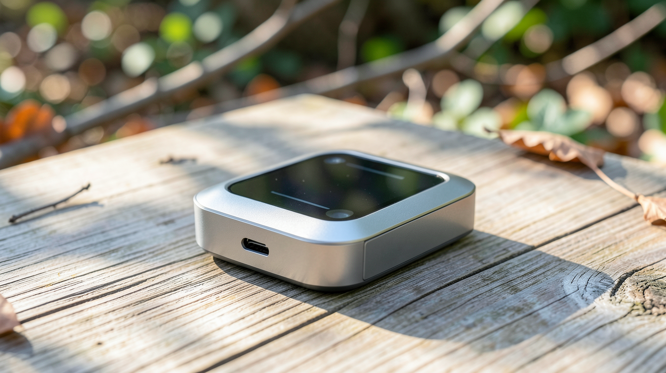 chargeur solaire pour téléphone portable parmi les top 5 en 2025, posé sur une surface en bois