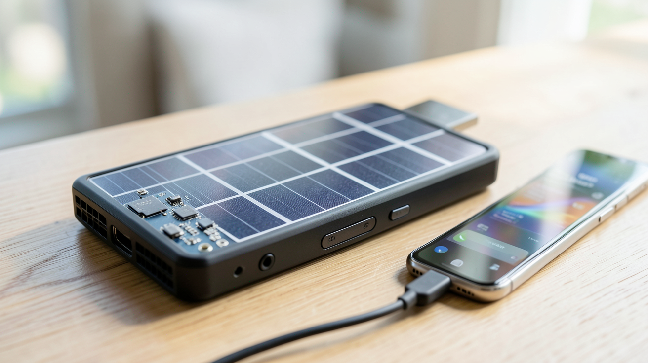 chargeur solaire pour téléphone parmi les meilleurs modèles 2024 posés sur une surface en bois avec smartphone connecté