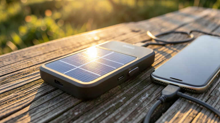 chargeur solaire pour téléphone posé sur une table en bois en extérieur