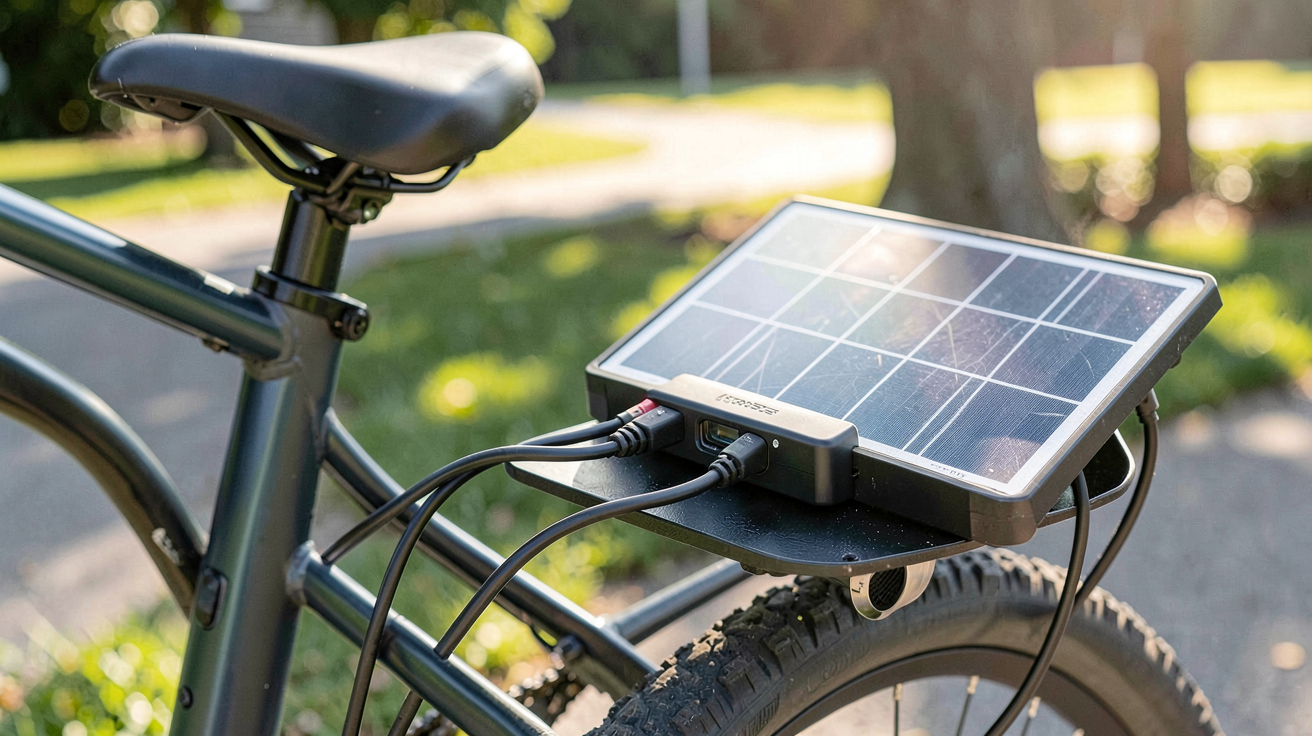 chargeur solaire pour vélo électrique installé sur le porte-bagages arrière d'un vélo électrique moderne