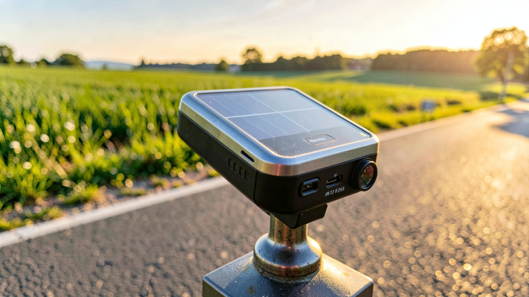 chargeur solaire pour vélo électrique posé sur un support inclinable en plein soleil sur une route de campagne