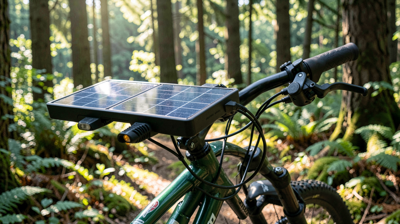 chargeur solaire pour vélo électrique installé sur un vélo en forêt