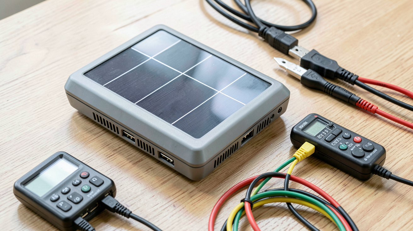 chargeur solaire puissant de haute capacité posé sur une surface en bois clair avec accessoires techniques