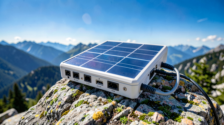 chargeur solaire puissant posé sur un rocher en montagne sous un ciel ensoleillé