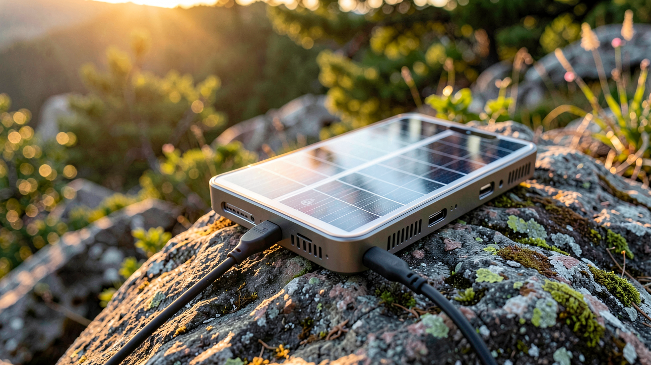 chargeur solaire puissant utilisé pour recharger un smartphone pendant une randonnée en montagne