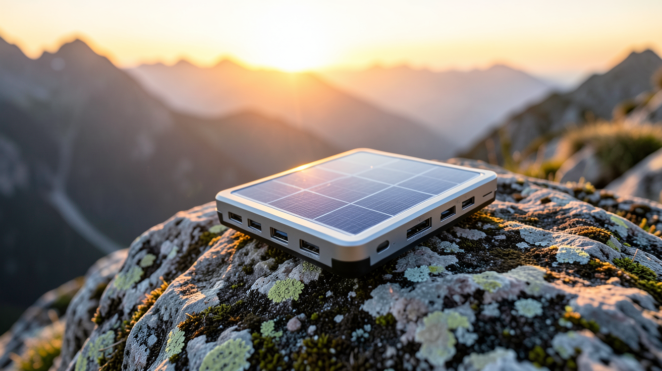 chargeur solaire randonnée posé sur un rocher en montagne avec vue sur le coucher de soleil
