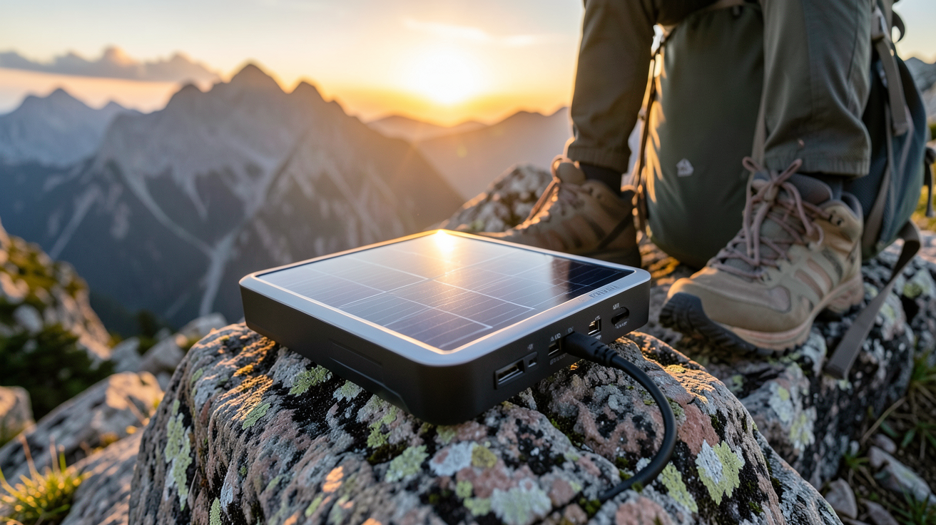 chargeur solaire randonnée Decathlon posé sur un rocher en montagne avec un sac à dos et des chaussures de randonnée en arrière-plan