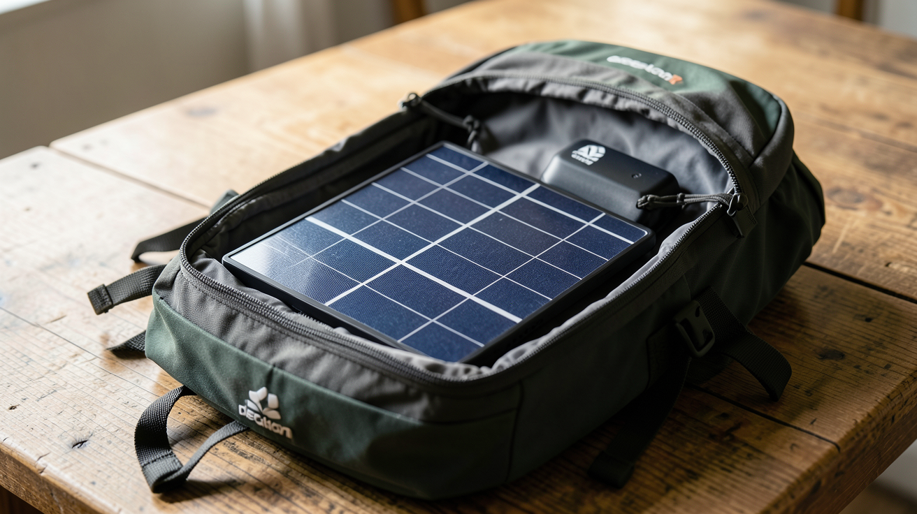 chargeur solaire randonnée decathlon entreposé dans son sac à dos ouvert sur une table en bois, panneau solaire plié, éclairage naturel, prêt pour le stockage