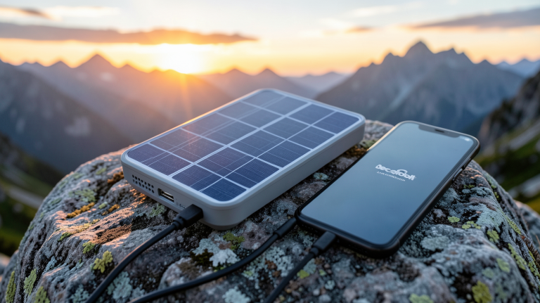 chargeur solaire randonnée Decathlon ultra-léger posé sur un rocher en montagne avec lumière naturelle