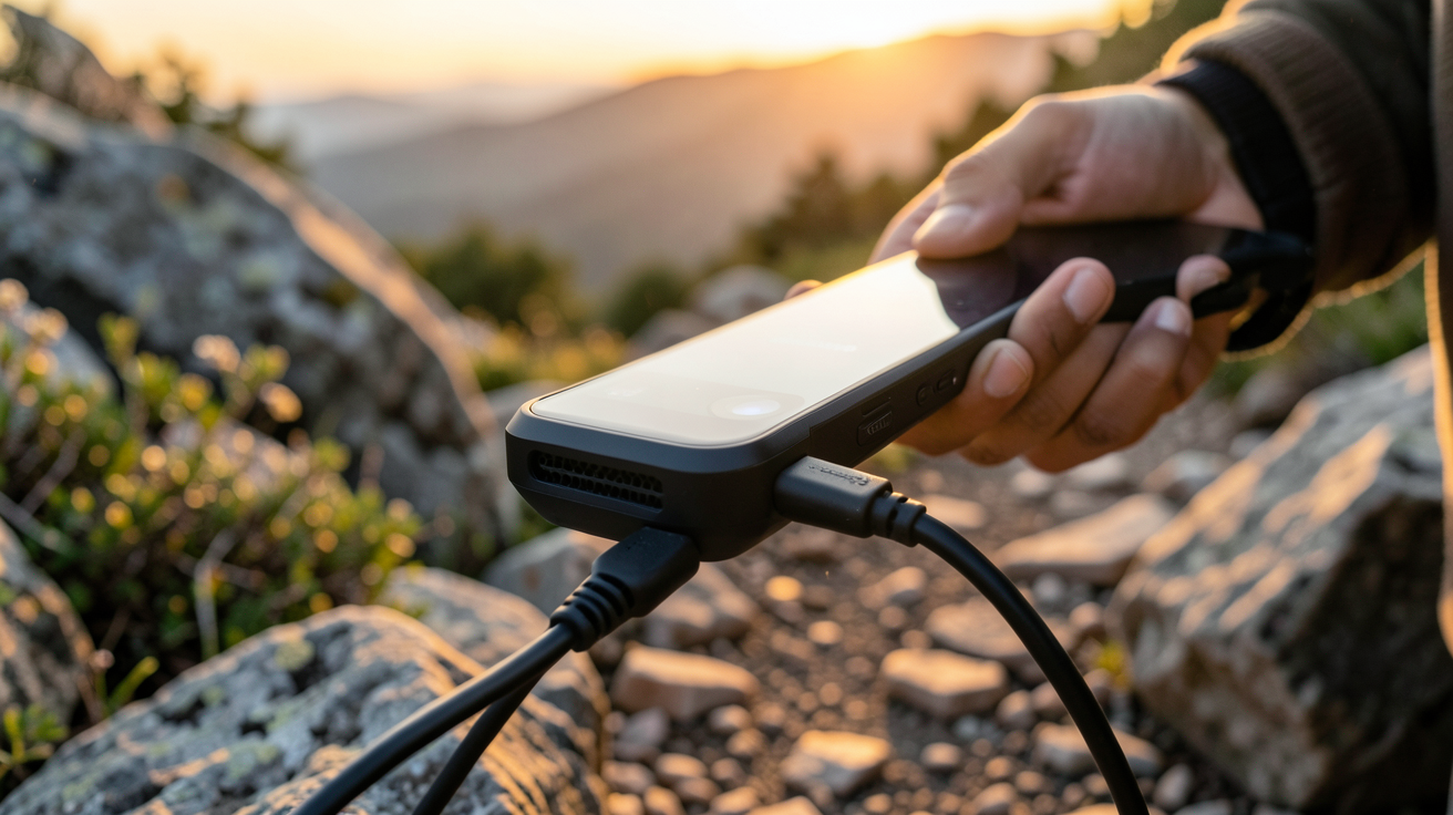 chargeur solaire randonnée Decathlon branché à un smartphone sur un sentier de montagne