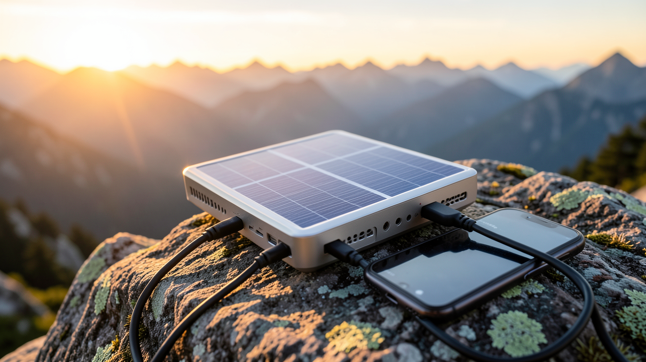 chargeur solaire randonnée équipement ultra léger posé sur un rocher en montagne