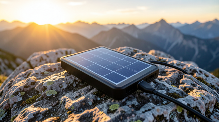 chargeur solaire randonnée posé sur un rocher en montagne avec vue sur les sommets