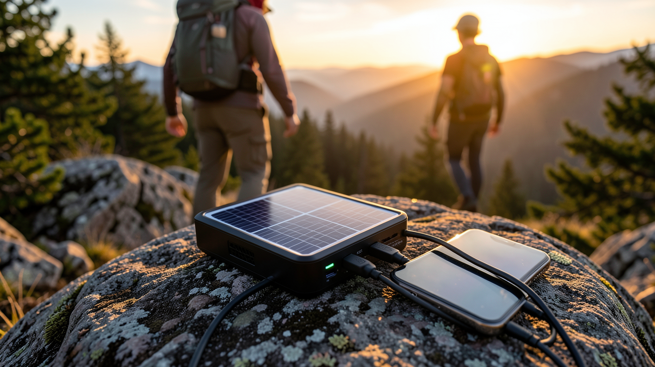 chargeur solaire randonnée posé sur un rocher avec un smartphone en charge, en pleine nature