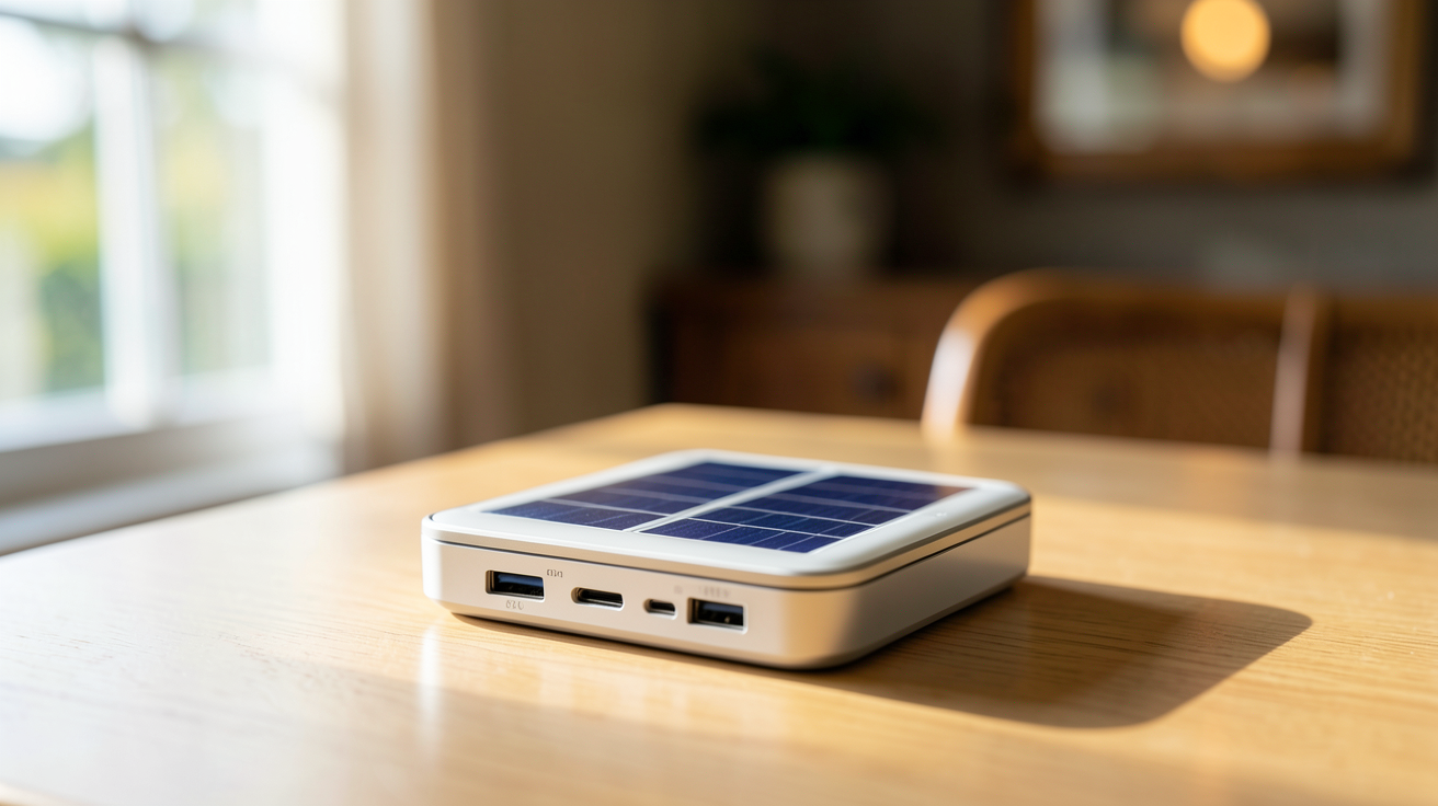 chargeur solaire téléphone posé sur une surface en bois clair, mettant en avant ses cellules photovoltaïques et ses ports USB