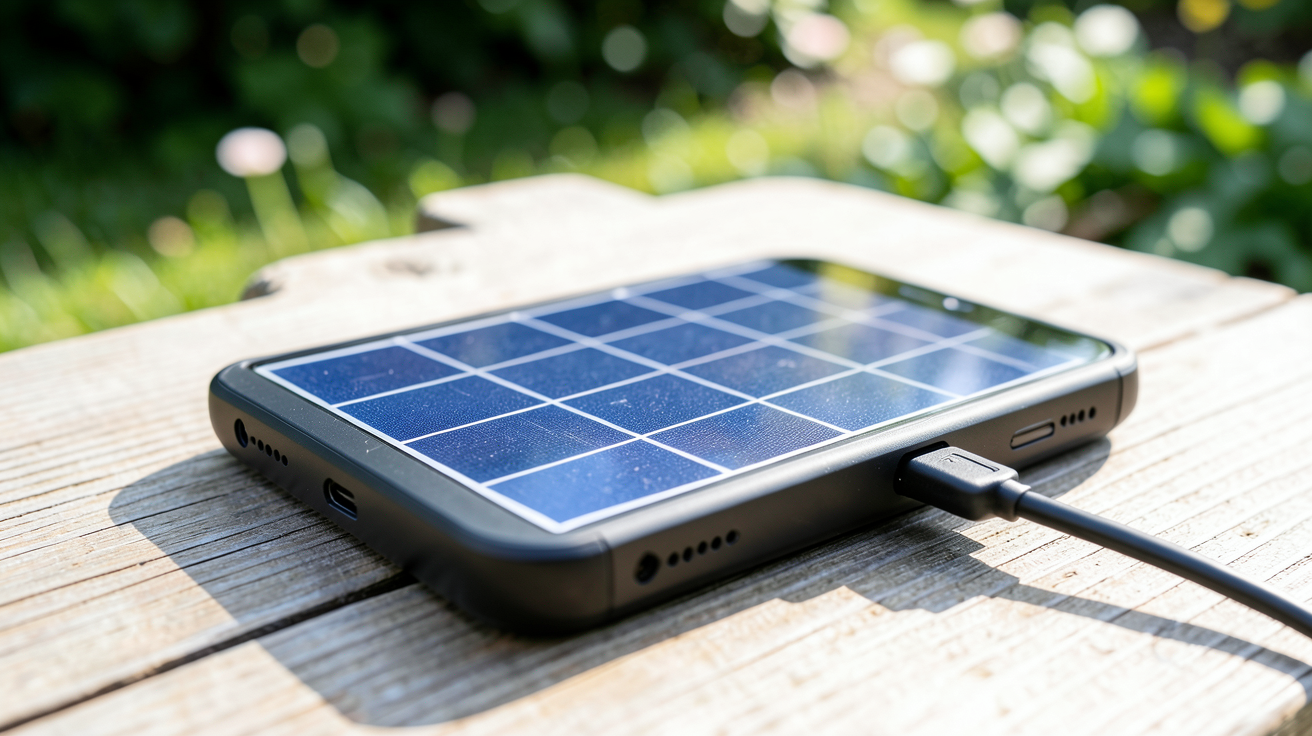 chargeur solaire téléphone fonctionnant en extérieur avec des cellules photovoltaïques visibles et un smartphone en charge