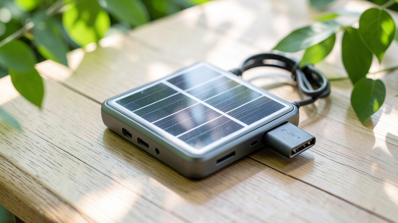 chargeur solaire téléphone portable posé sur une surface en bois avec des feuilles vertes en arrière-plan