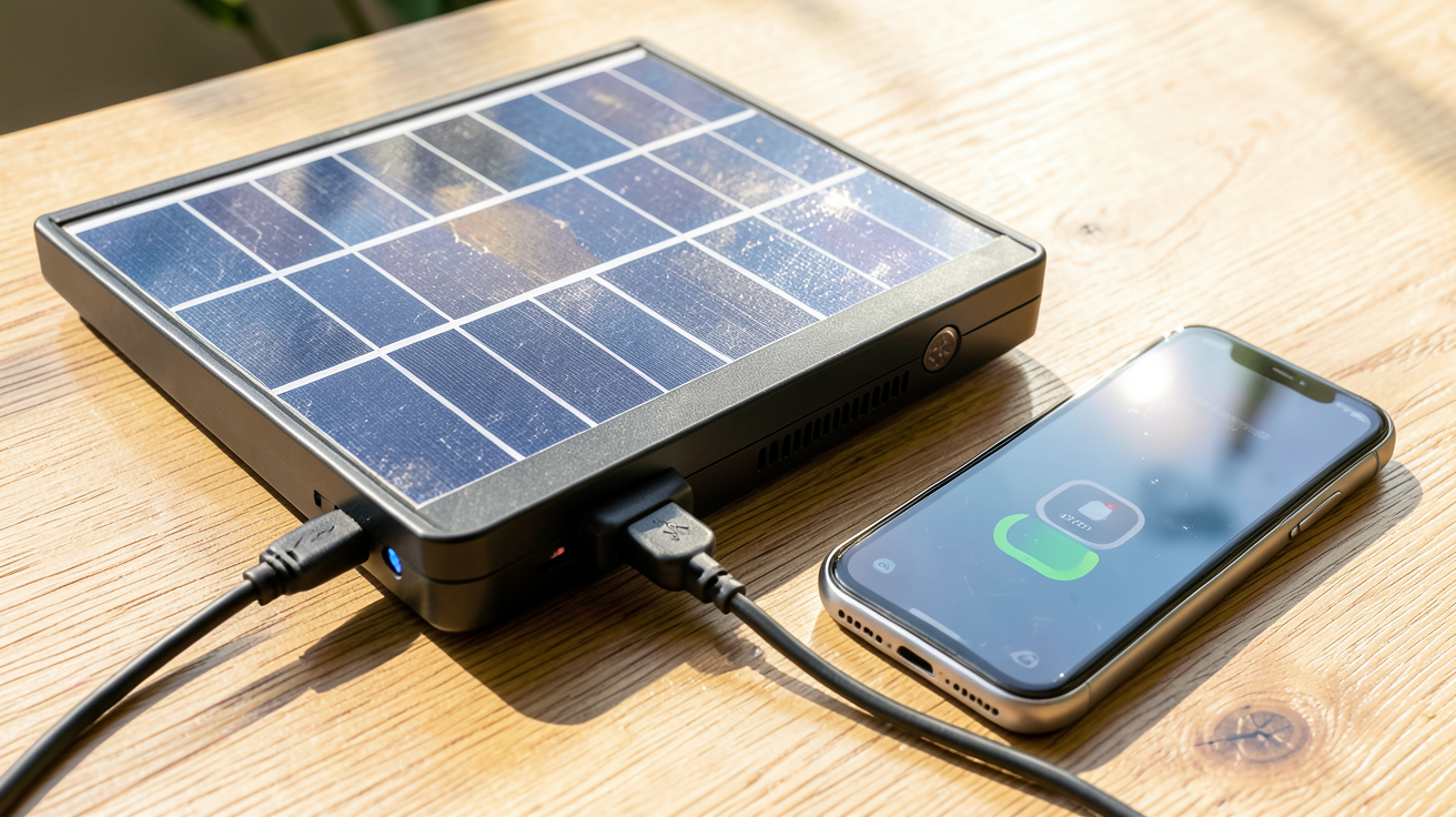 chargeur solaire téléphone portable fonctionnant grâce à des panneaux photovoltaïques exposés à la lumière du soleil