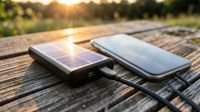 chargeur solaire téléphone portable posé sur une table en bois en extérieur avec un smartphone en charge