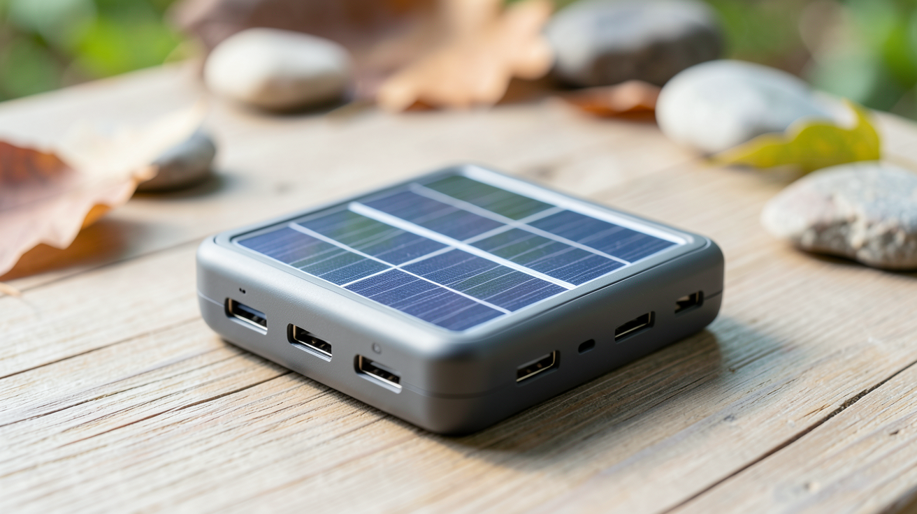 chargeur solaire téléphone posé sur une surface en bois clair avec des cellules photovoltaïques visibles