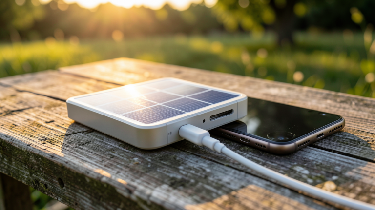 chargeur solaire téléphone posé sur une table en bois en extérieur avec un smartphone en charge