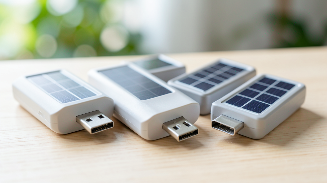 chargeur solaire usb différents types disposés sur une surface en bois clair