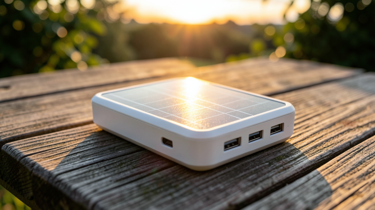chargeur solaire USB portable posé sur une table en bois extérieur