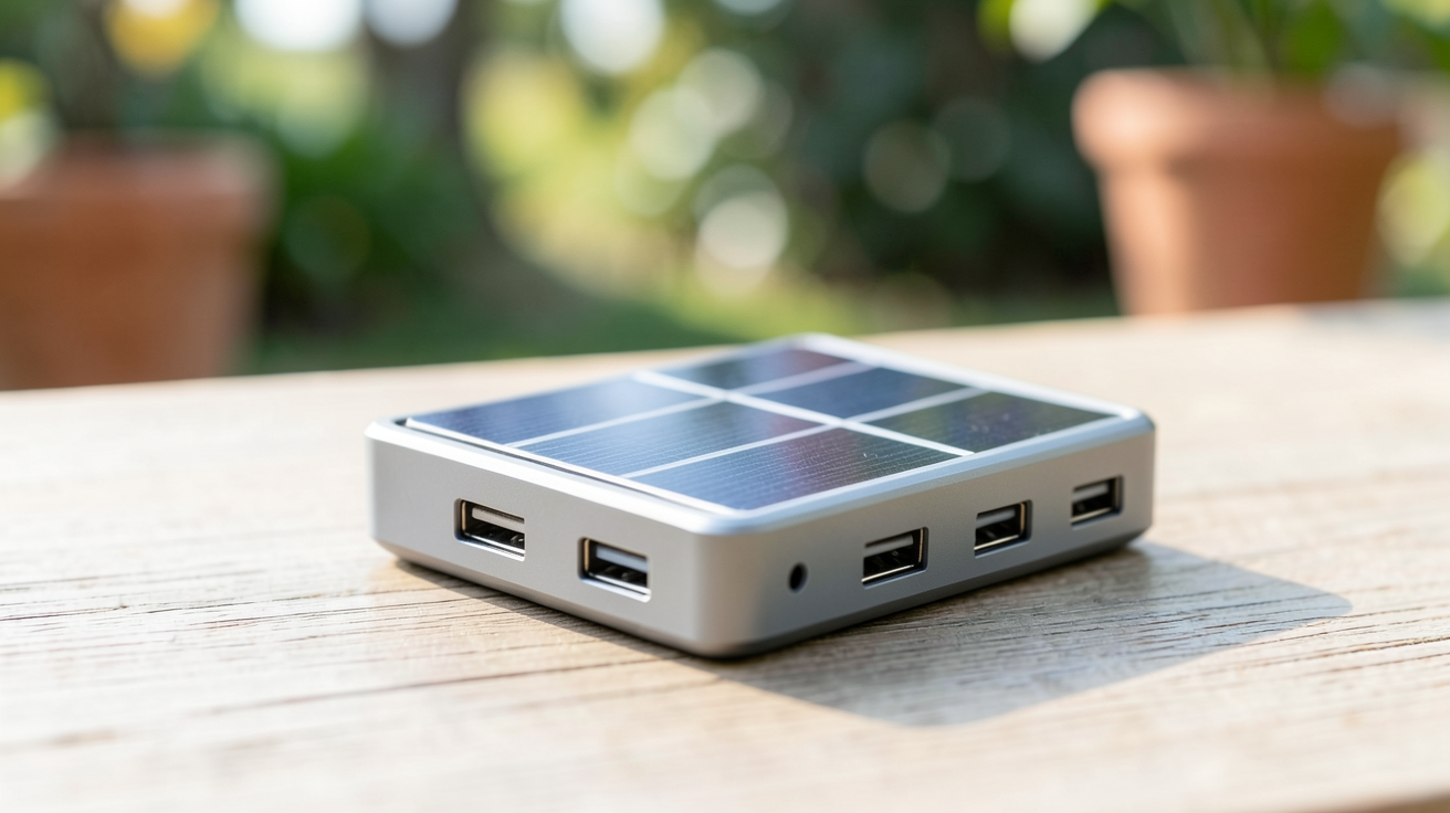 chargeur solaire USB compact posé sur une surface en bois clair, idéal pour les comparatifs de chargeurs solaires