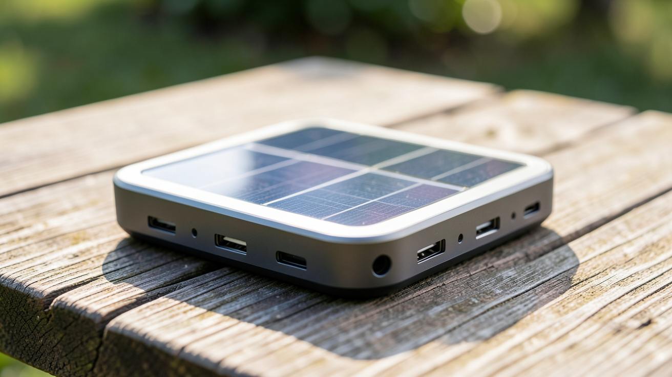 chargeur solaire USB posé sur une table en bois extérieur pour illustrer son utilisation