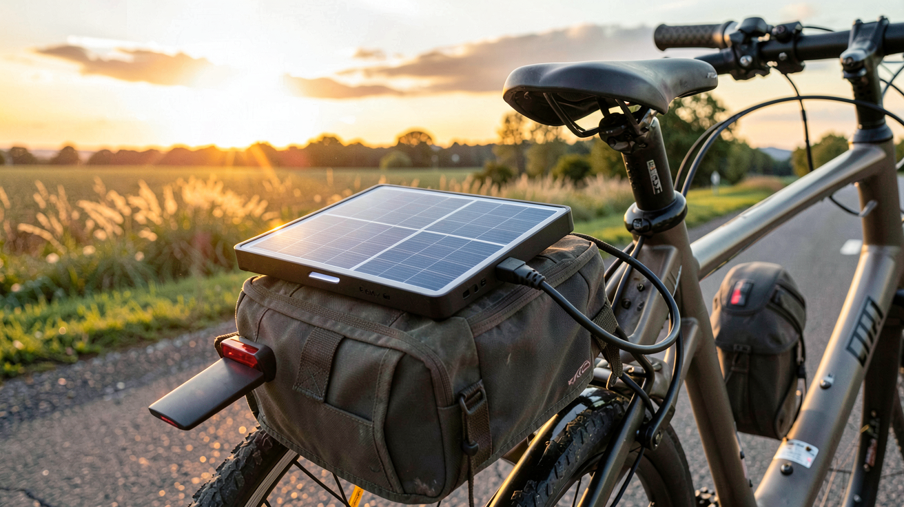 chargeur solaire pour vélo électrique installé sur le porte-bagages arrière d'un vélo de route moderne