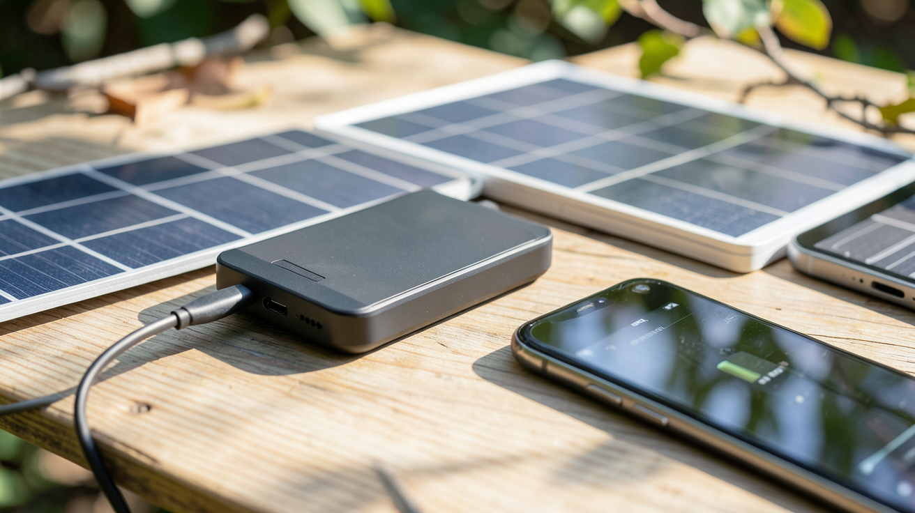 chargeur téléphone solaire fonctionnant avec des panneaux photovoltaïques étendus et un smartphone connecté