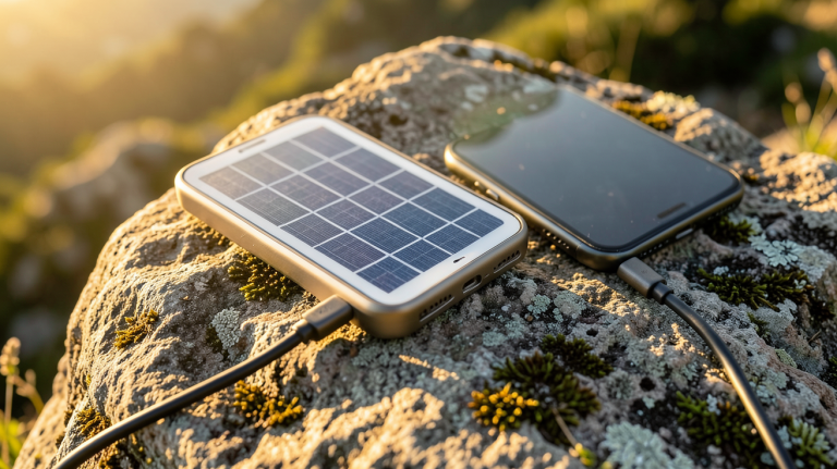 chargeur téléphone solaire posé sur un rocher en plein soleil avec un smartphone en charge